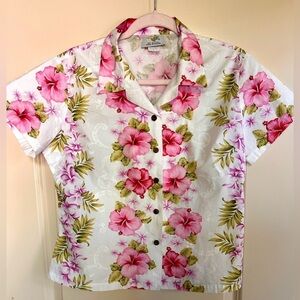 Vtg Ho Aloha made in Hawaii Sz M Pink and Green Floral Hawaiian Shirt Button Up